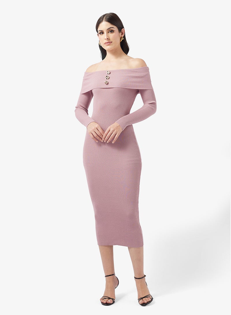 Little Mistress Button Detail Off Shoulder Maxi Dress - Image 1